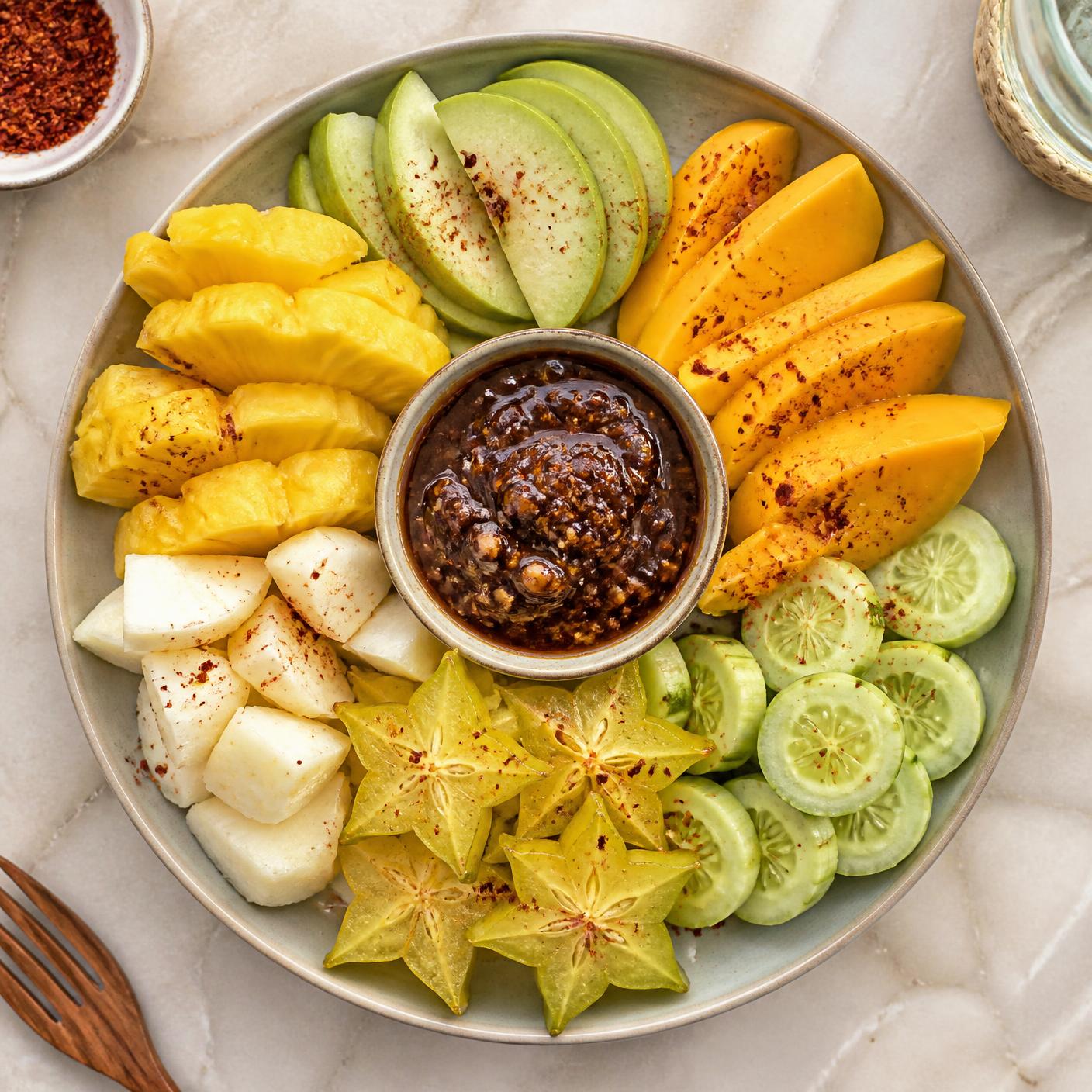 Overhead view of a colourful rudjak bowl with green mango, pineapple, star fruit, cucumber and bengkoang around a dish of dark palm sugar sambal