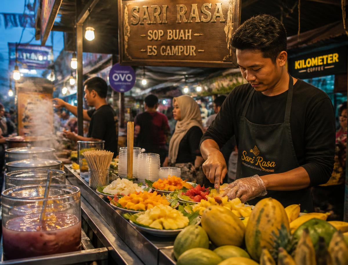 An Indonesian street food stall at dusk under warm string lights, with a vendor preparing plates of fresh cut fruit